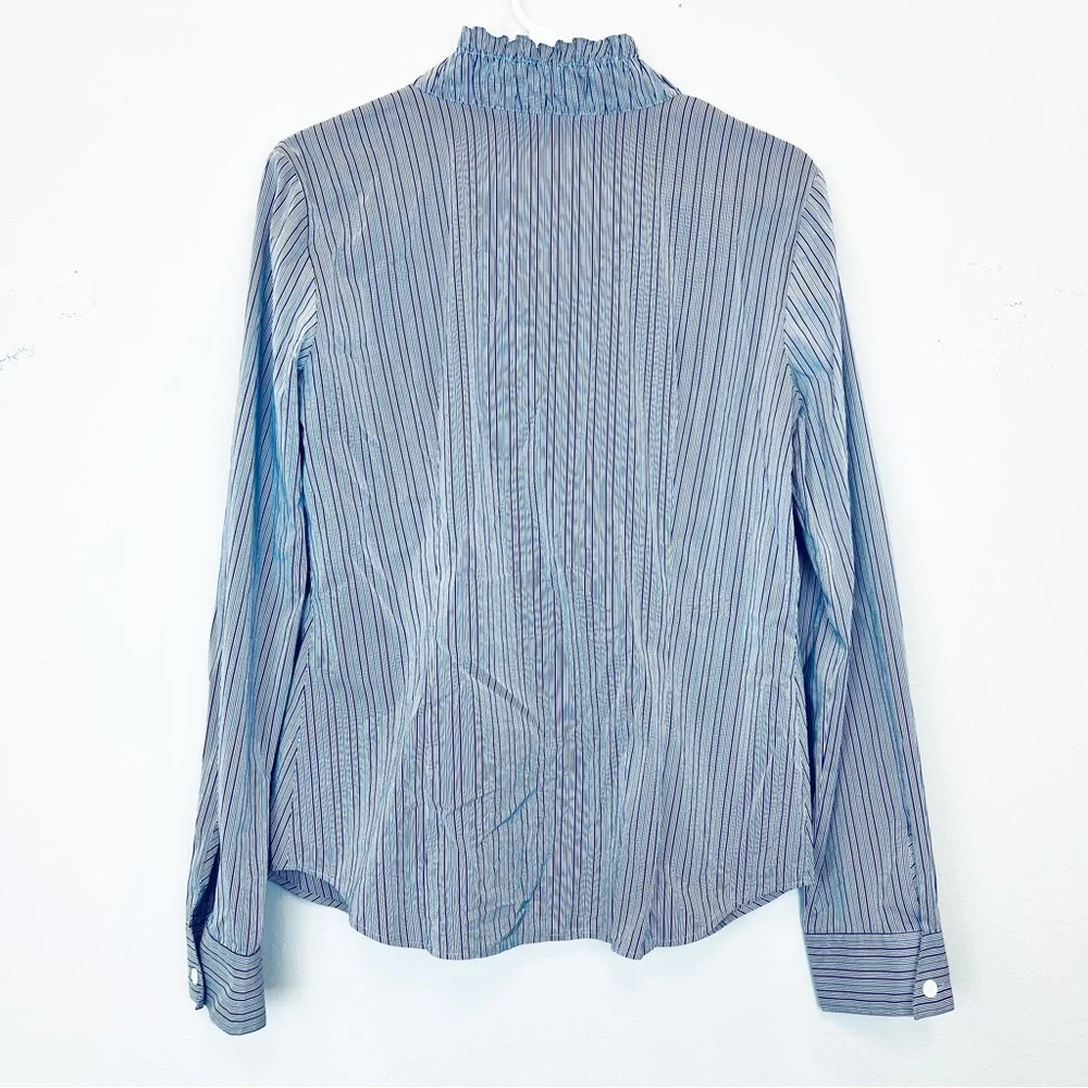 Lafayette 148 New York Blue and White Striped Ruffle-Front Button Blouse - Picture 2 of 5